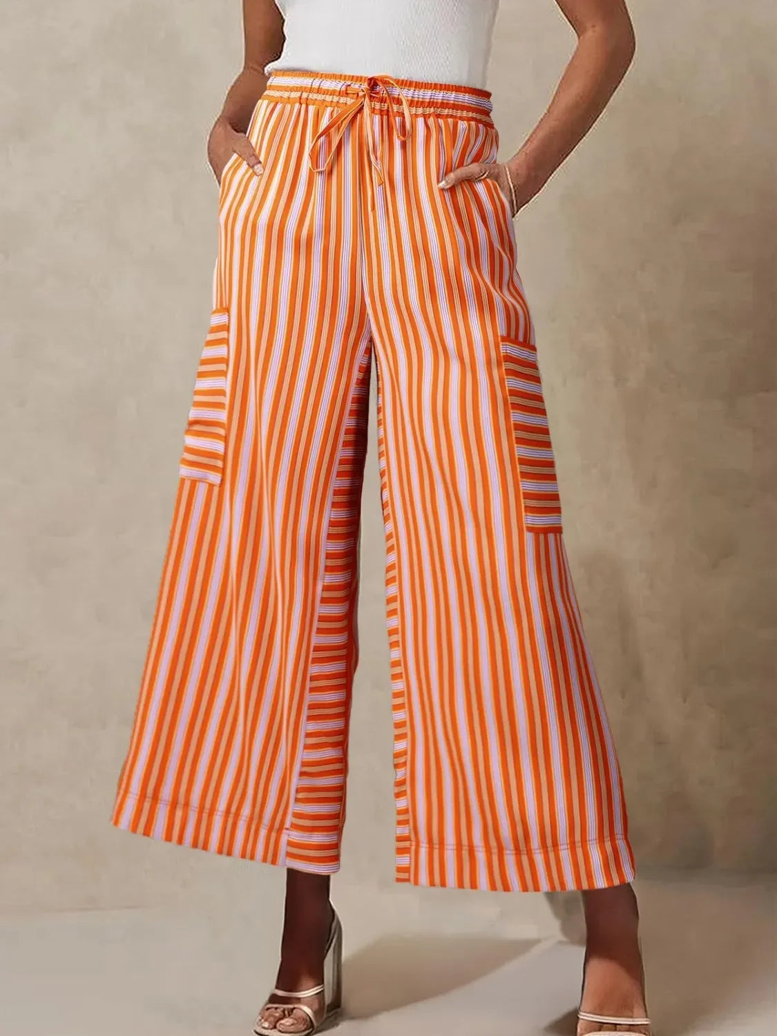 Wide Leg Contrast Striped Pants With Breathable Fabric - Southern Shores Clothing