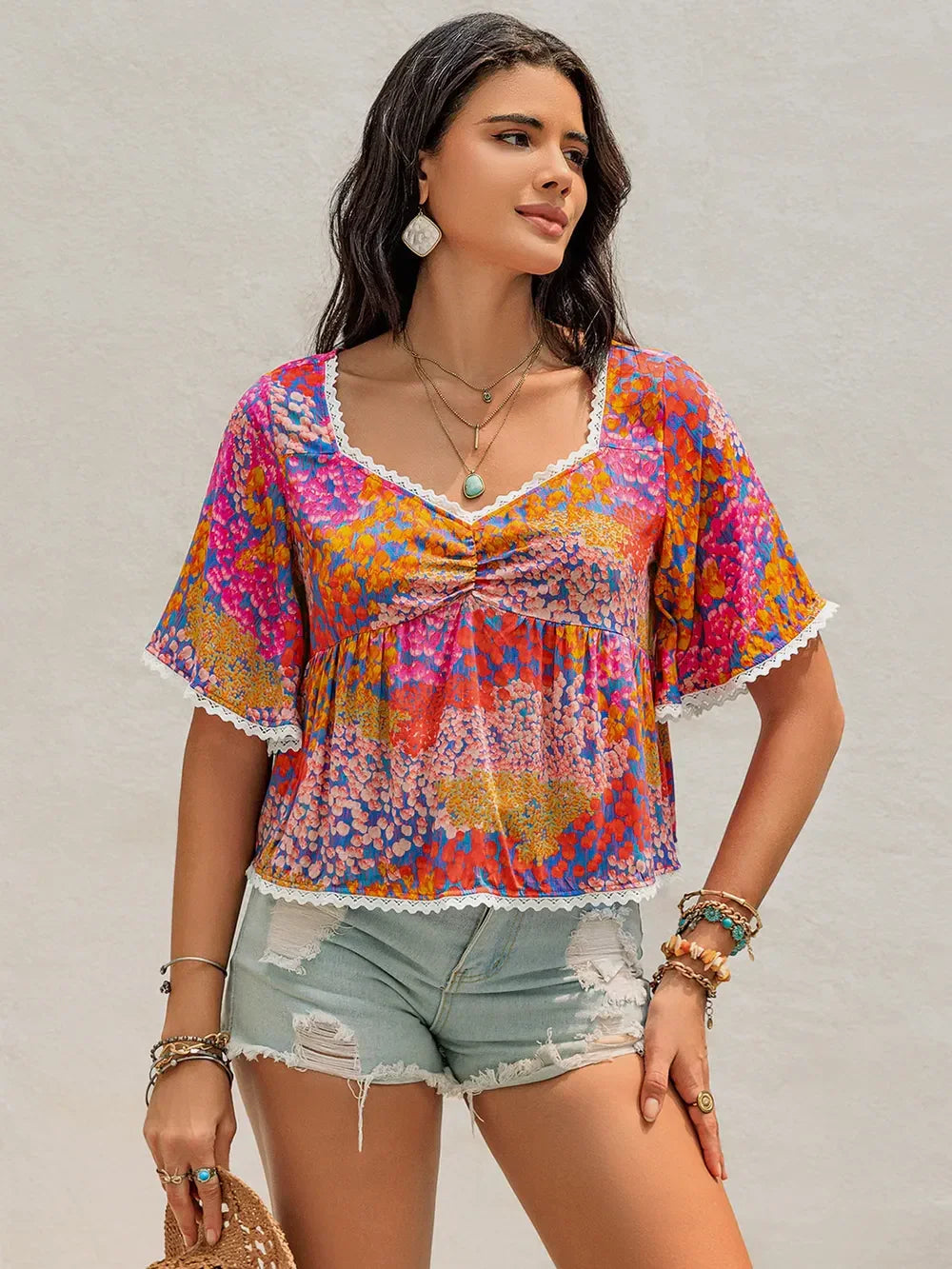 Floral Print Ruched Half Sleeve Blouse With Scalloped Lace Trim - Southern Shores Clothing