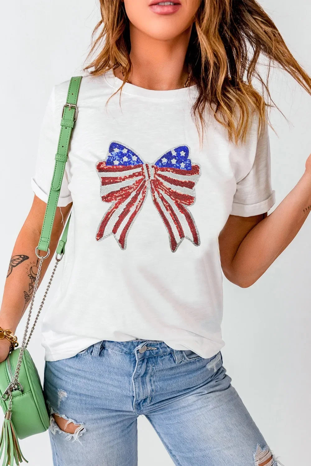 USA Flag Bow Knot Patched Crew Neck Stretch Tee - Southern Shores Clothing