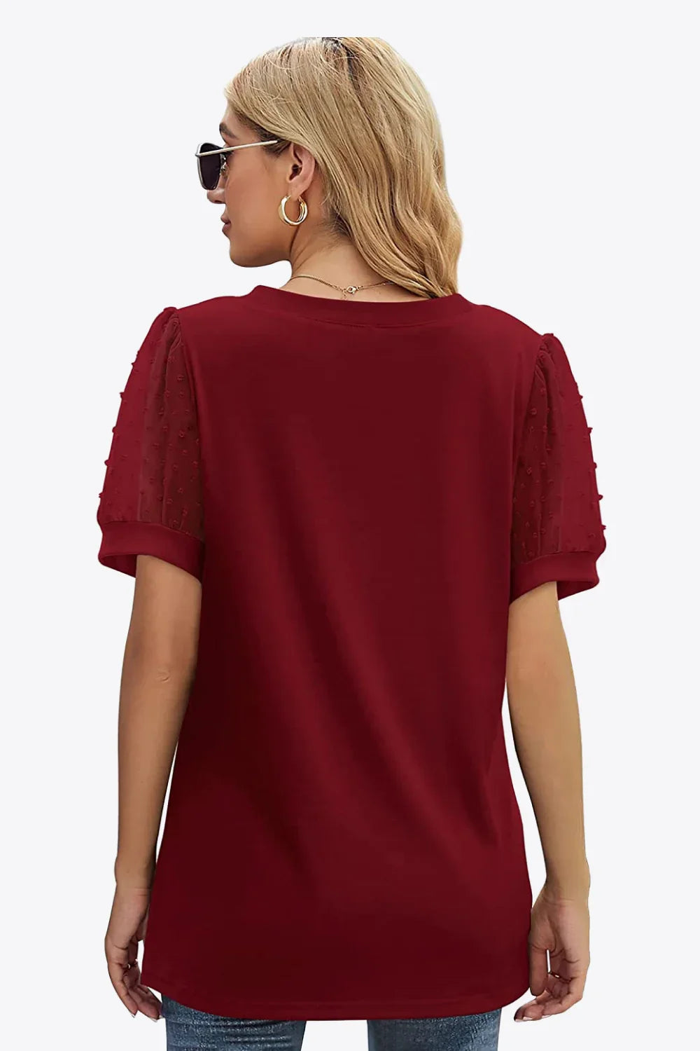 Swiss Dot Puff Sleeve V-Neck Tee With Dot Detailing - Southern Shores Clothing