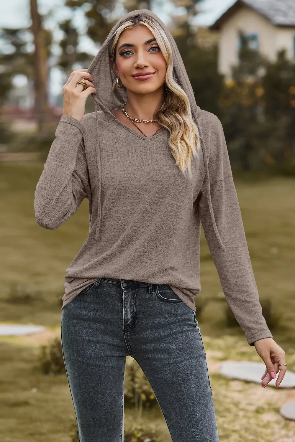 Hooded Drawstring T Shirt With Dropped Shoulder Stretchy - Southern Shores Clothing