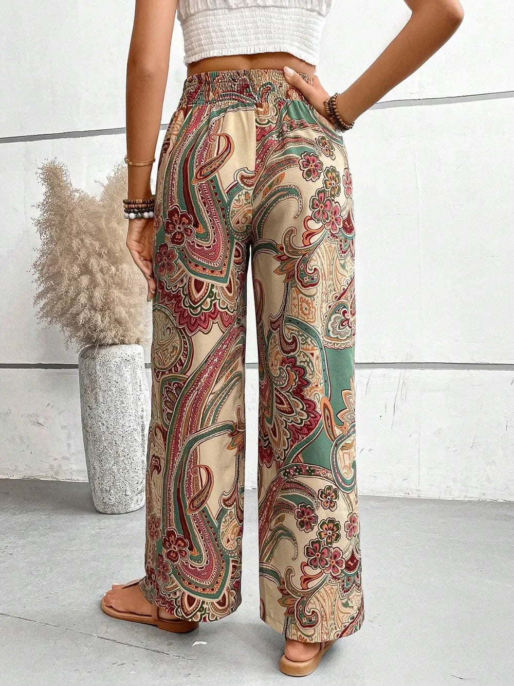 Printed Wide Leg Pants With Paisley Print Drawstring Waist - Southern Shores Clothing