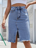 Stretchy Denim Slit Skirt With Raw Hem Detailing - Southern Shores Clothing