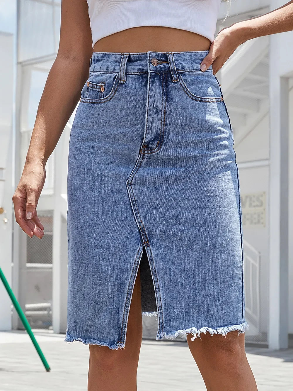 Stretchy Denim Slit Skirt With Raw Hem Detailing - Southern Shores Clothing