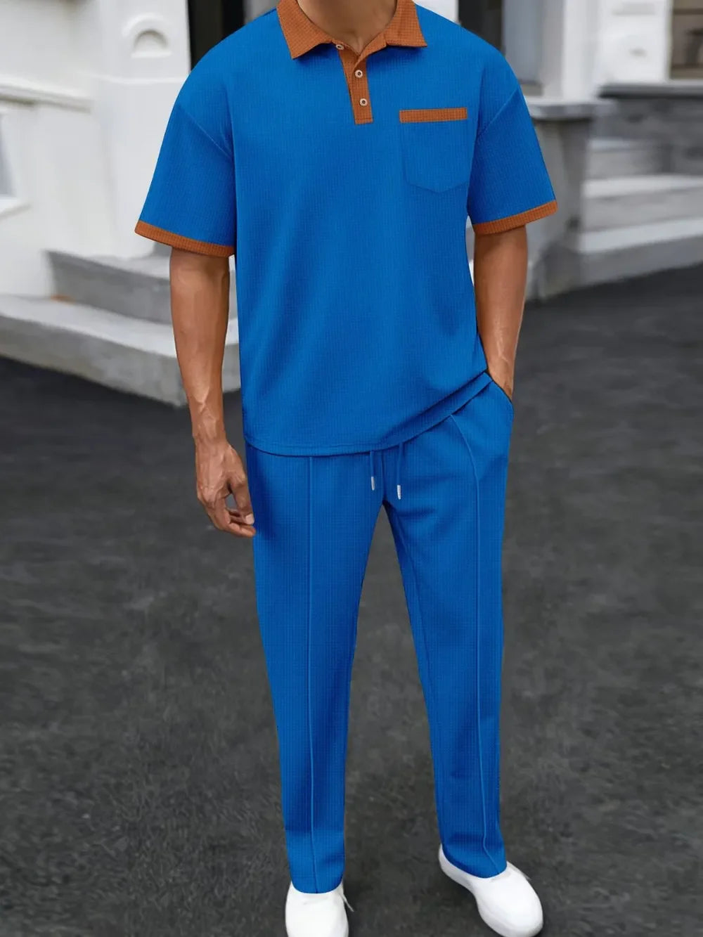 Men's Full Size Waffle-Knit Contrast Polo and Pants Set Plus Size - Southern Shores Clothing