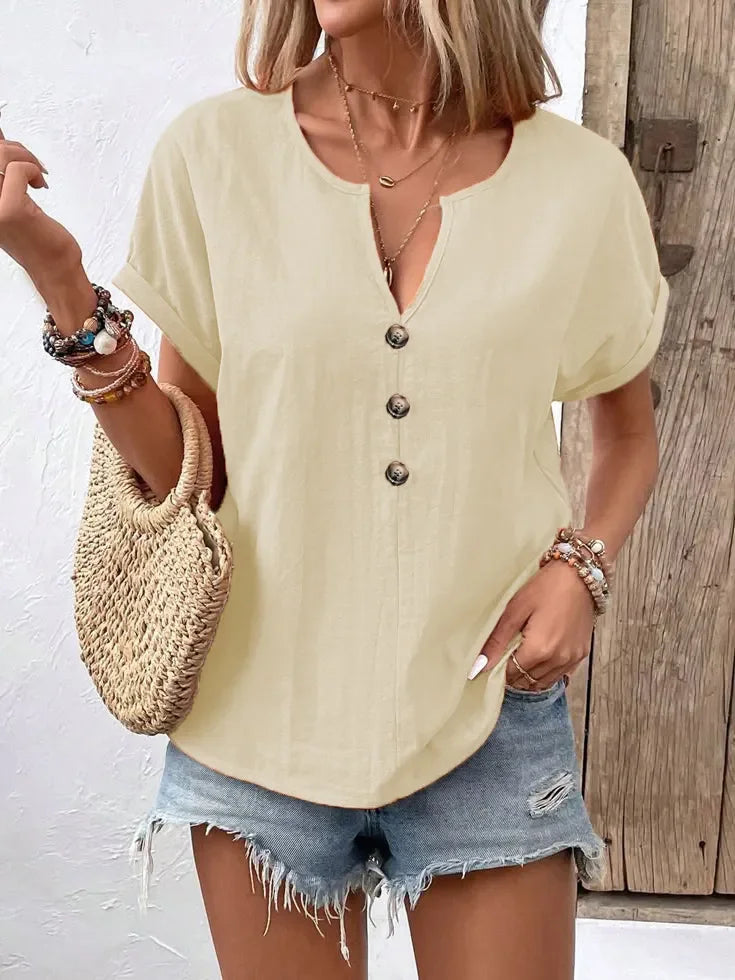 Plus Size Notched Short Sleeve T Shirt With Button Front - Southern Shores Clothing