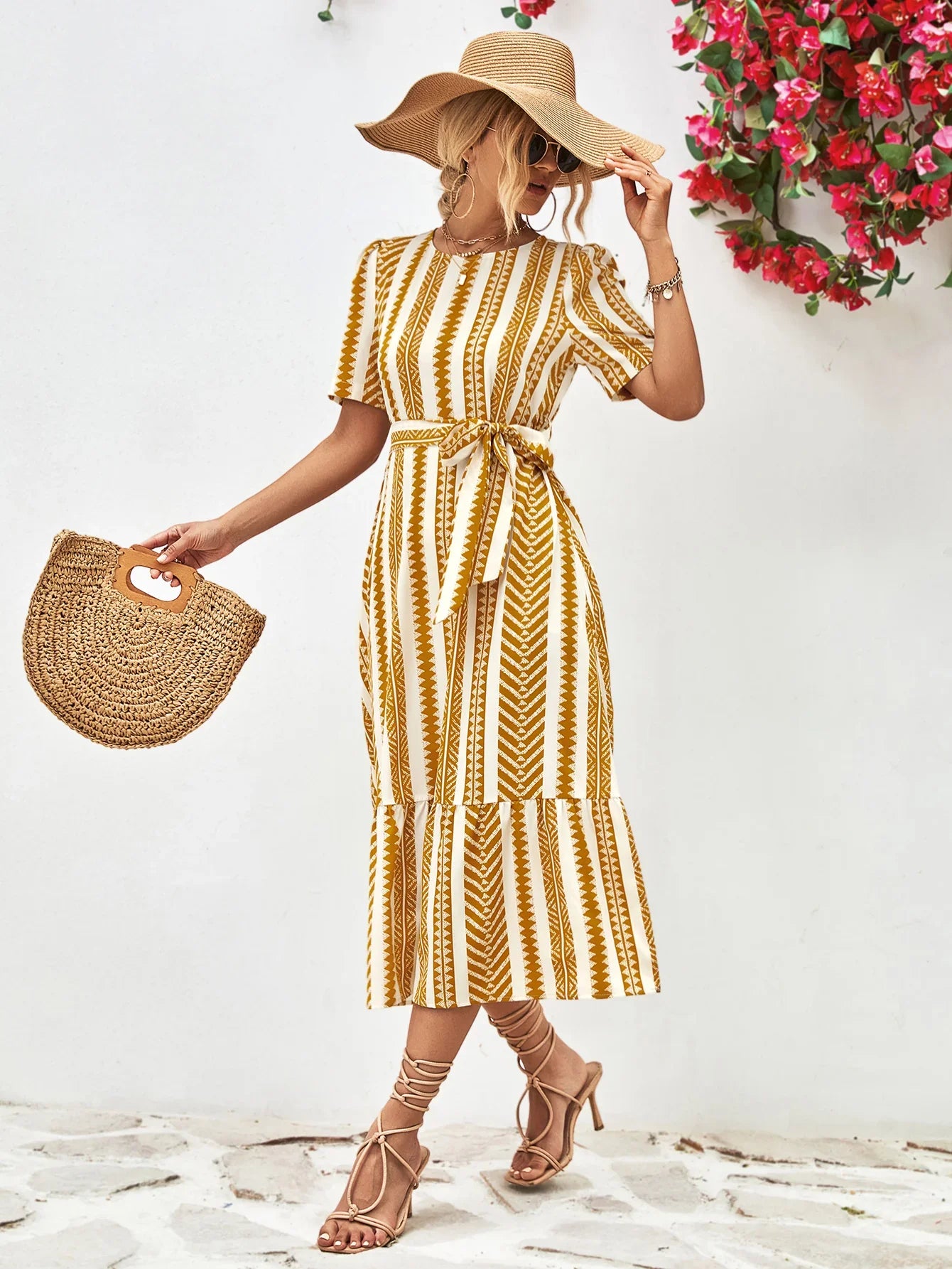 Striped Tie Belt Round Neck Puff Sleeve Dress - Southern Shores Clothing