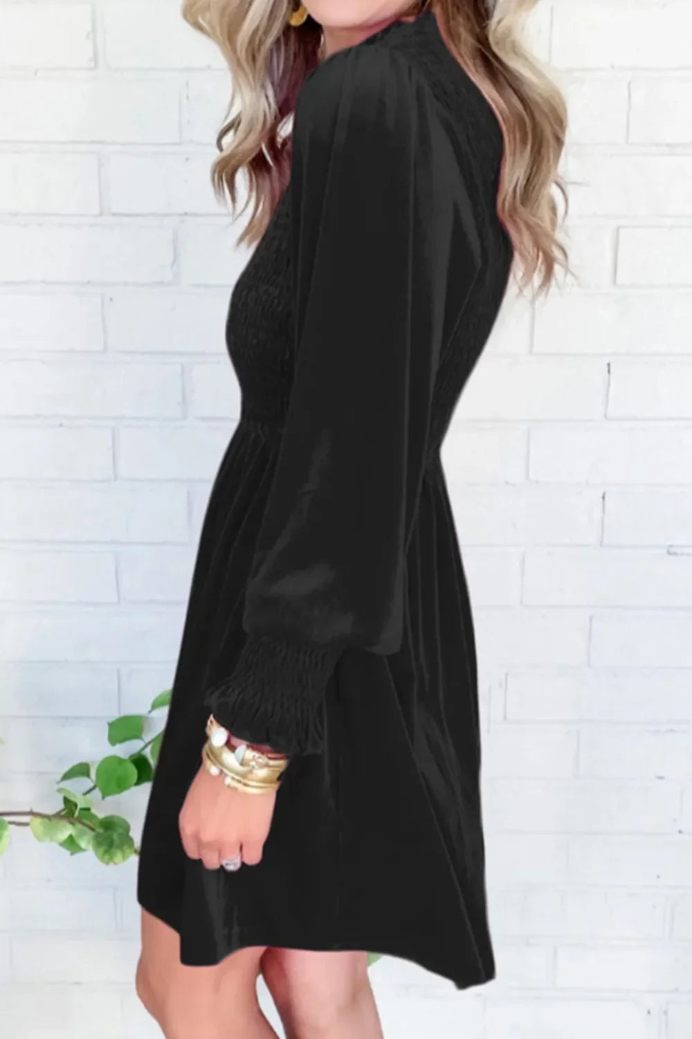 Smocked Round Neck Long Sleeve Dress Casual Beachwear - Southern Shores Clothing