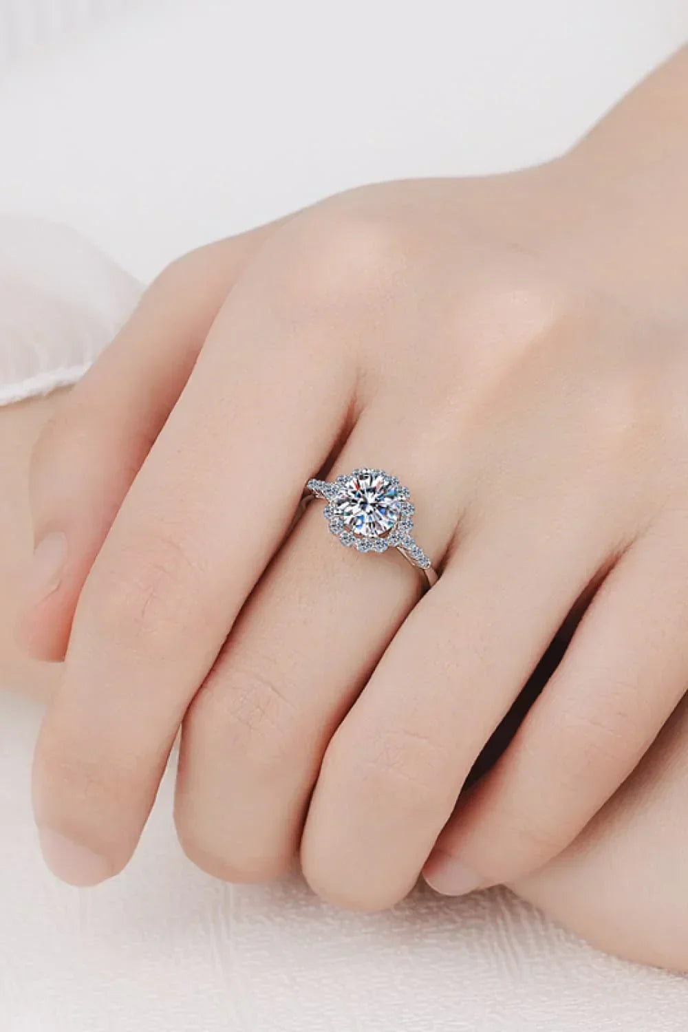 1 Carat Moissanite Halo Ring Rhodium Plated Sterling Silver - Southern Shores Clothing