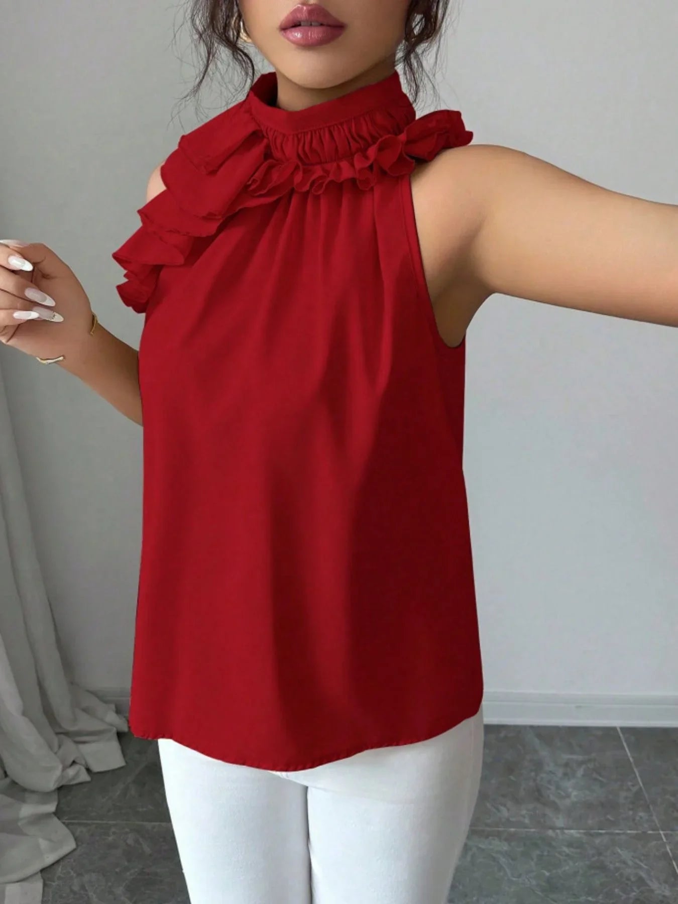 Ruffled High Neck Sleeveless Top With Draped Silhouette Detail - Southern Shores Clothing