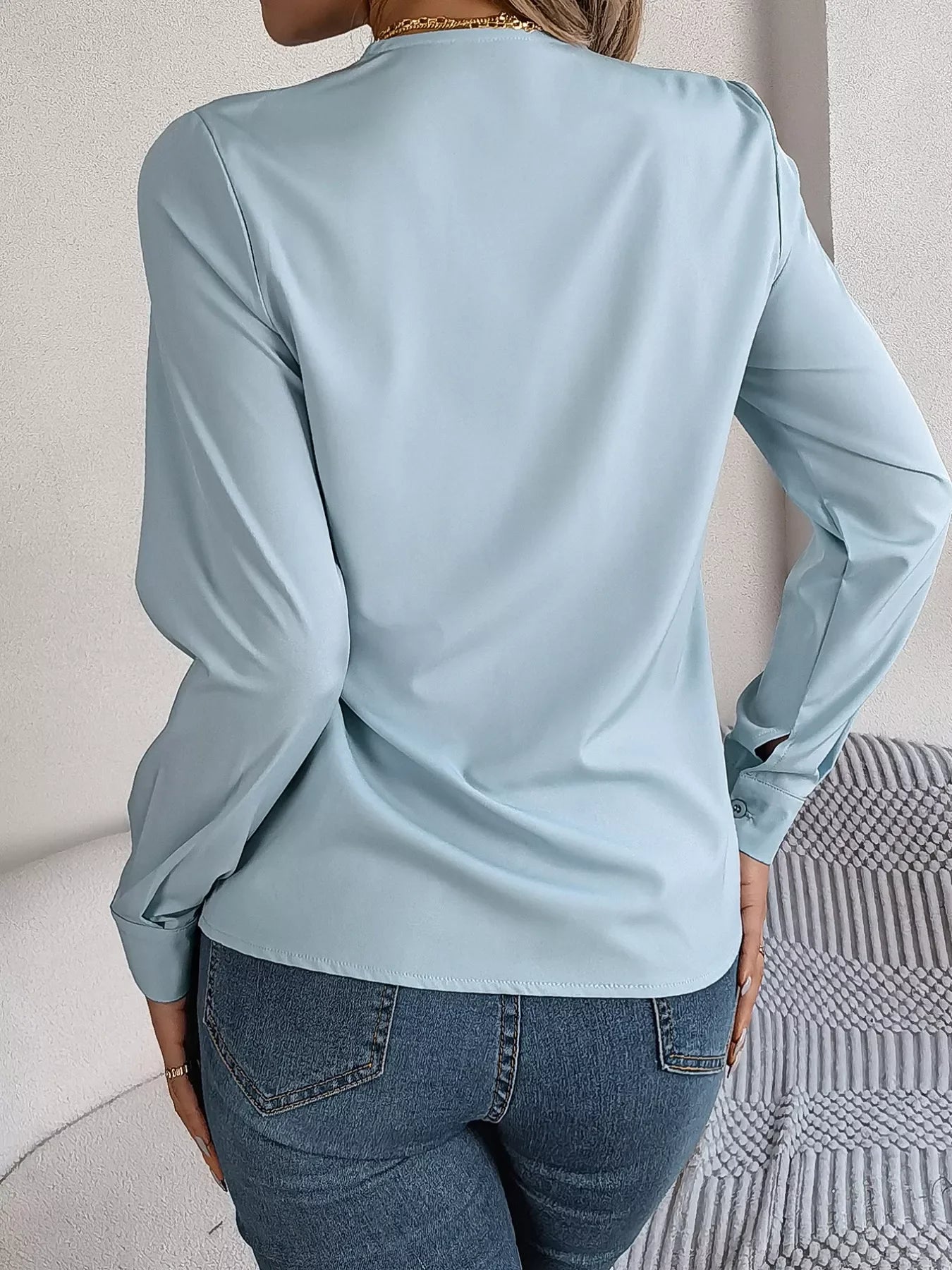 Layered V-Neck Long Sleeve Polyester Blouse - Southern Shores Clothing