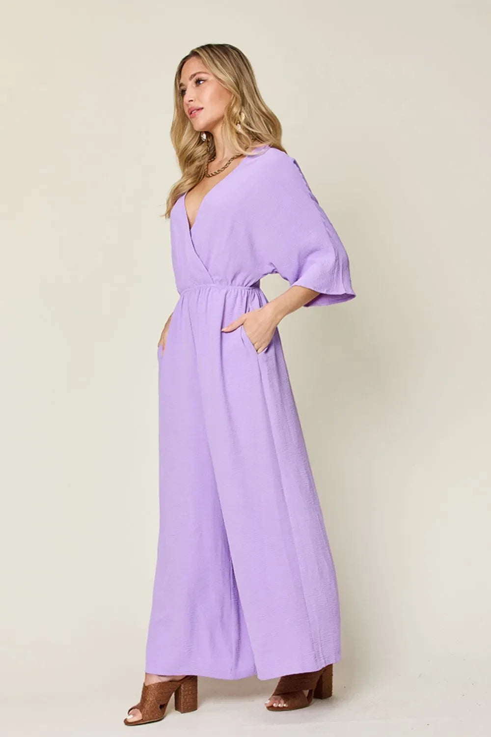 Surplice Wide-Leg Jumpsuit With Hidden Pockets - Southern Shores Clothing