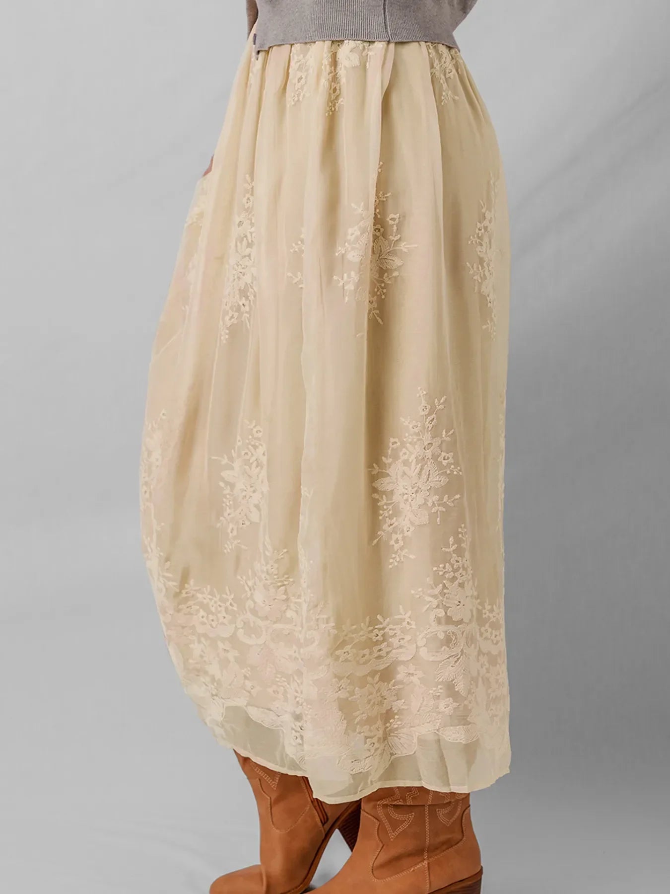 Flowing Embroidered Mesh Overlay Midi Skirt - Southern Shores Clothing