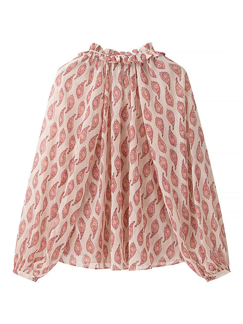 Paisley Print Frill Tie Neck Long Sleeve Blouse Elegant Style - Southern Shores Clothing