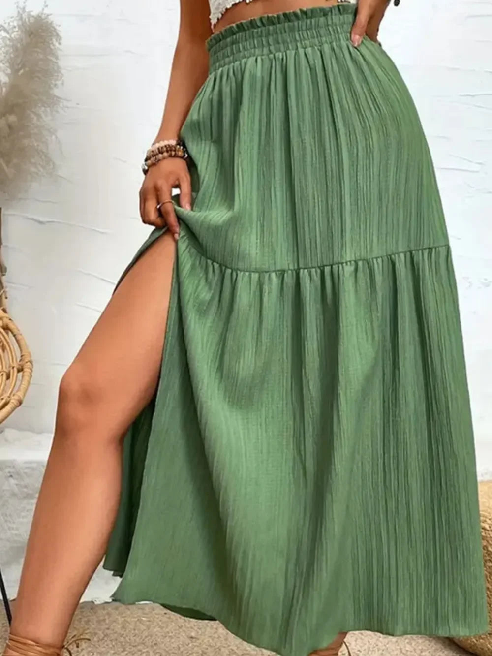 Lightweight Polyester Blend Frill Slit Skirt - Southern Shores Clothing