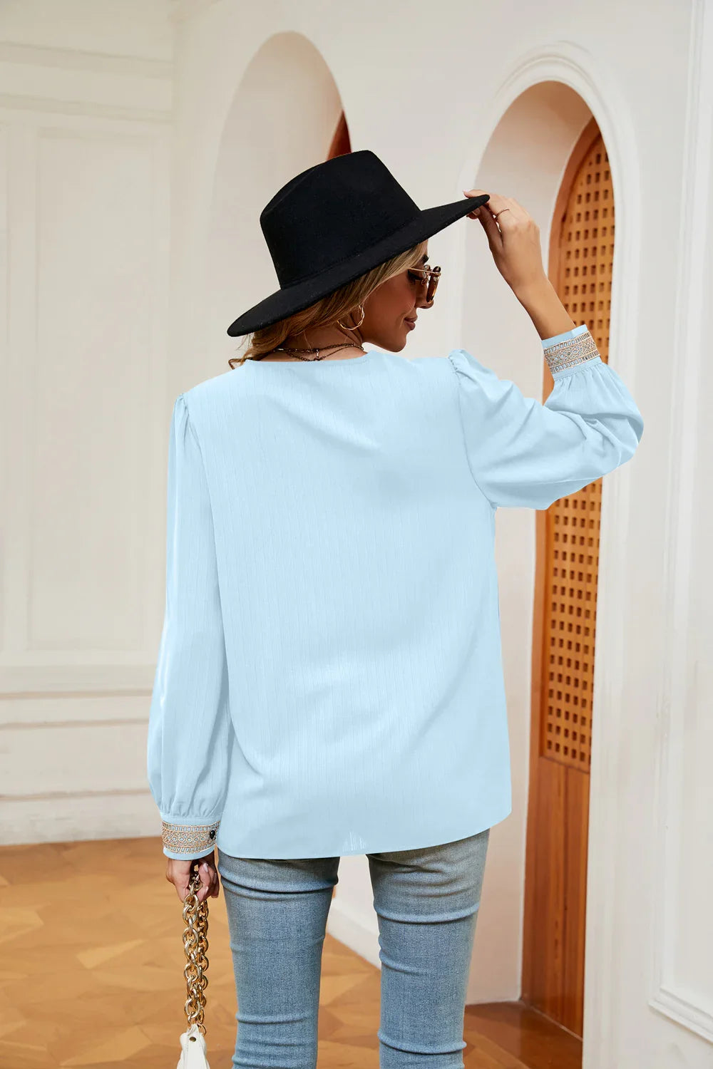 Contrast Puff Sleeve Blouse With Polyester Fabric - Southern Shores Clothing