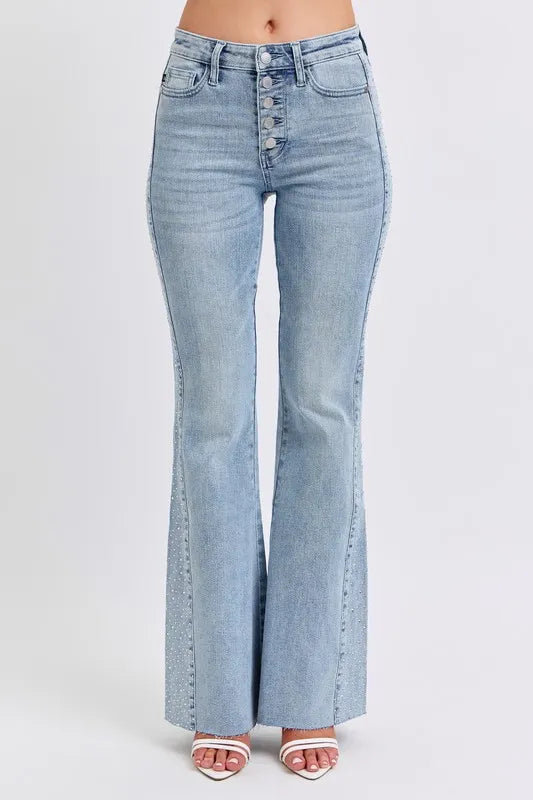 Coastal Inspired Judy Blue Mid Rise Rhinestone Flare Jeans Plus
