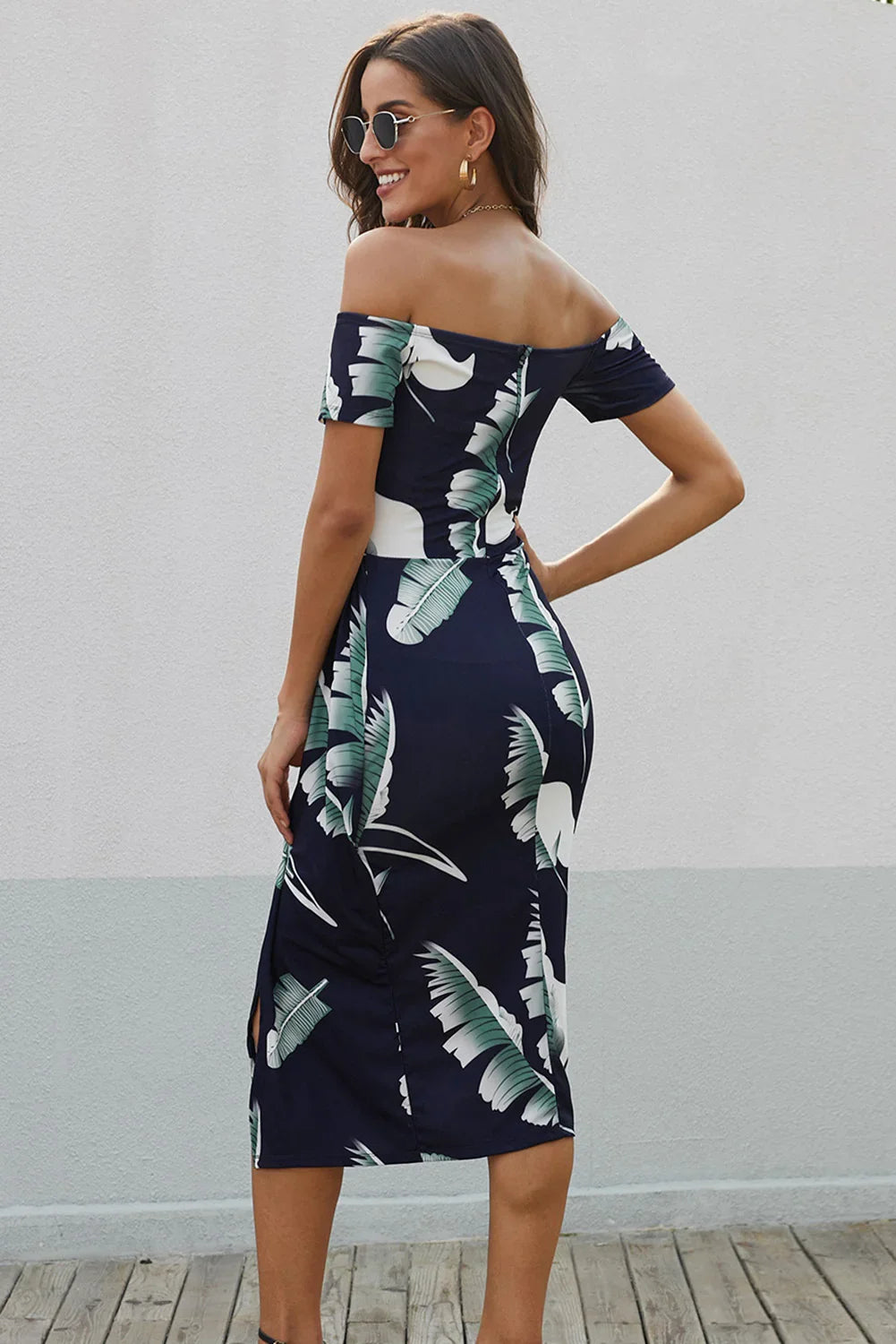 Printed Off-Shoulder Split Dress - Southern Shores Clothing