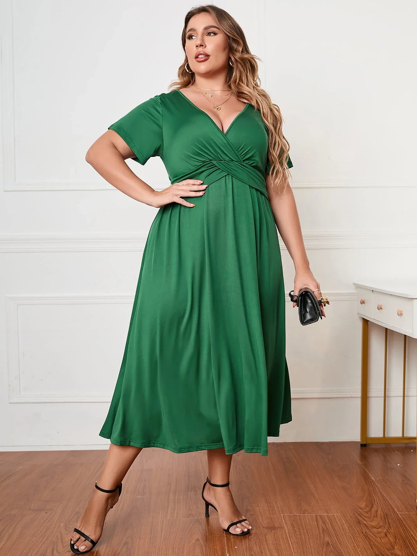 Plus Size Short Sleeve Surplice Neck Midi Dress - Southern Shores Clothing