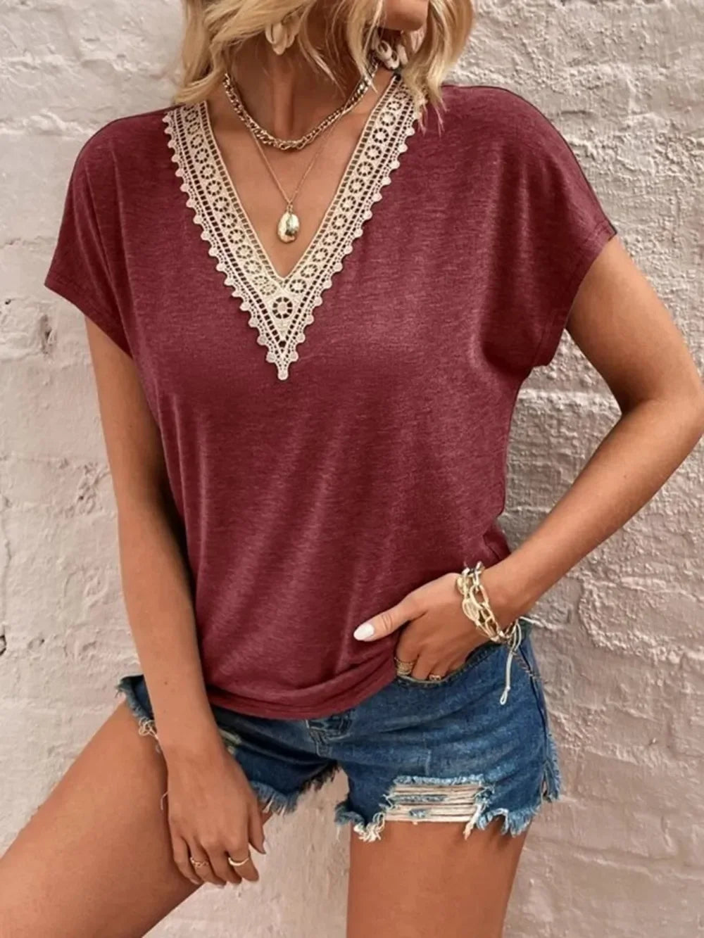 Full Size Lace Detail V-Neck Short Sleeve T-Shirt - Southern Shores Clothing