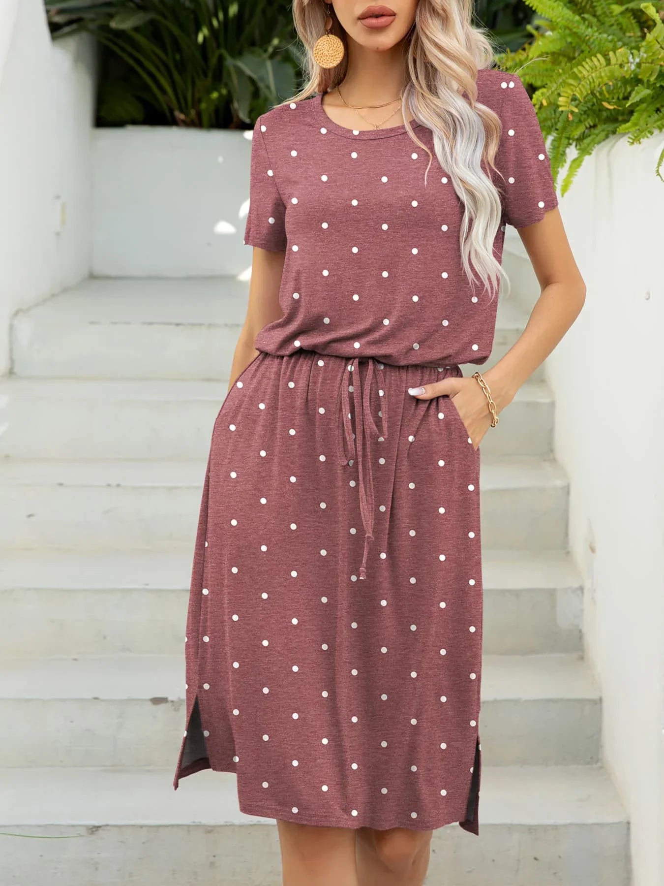 Round Neck Short Sleeve Slit Dress with Pockets - Southern Shores Clothing