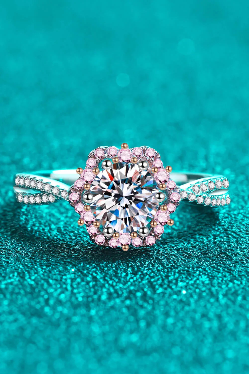 1 Carat Moissanite Flower Crisscross Ring With Pink Halo - Southern Shores Clothing