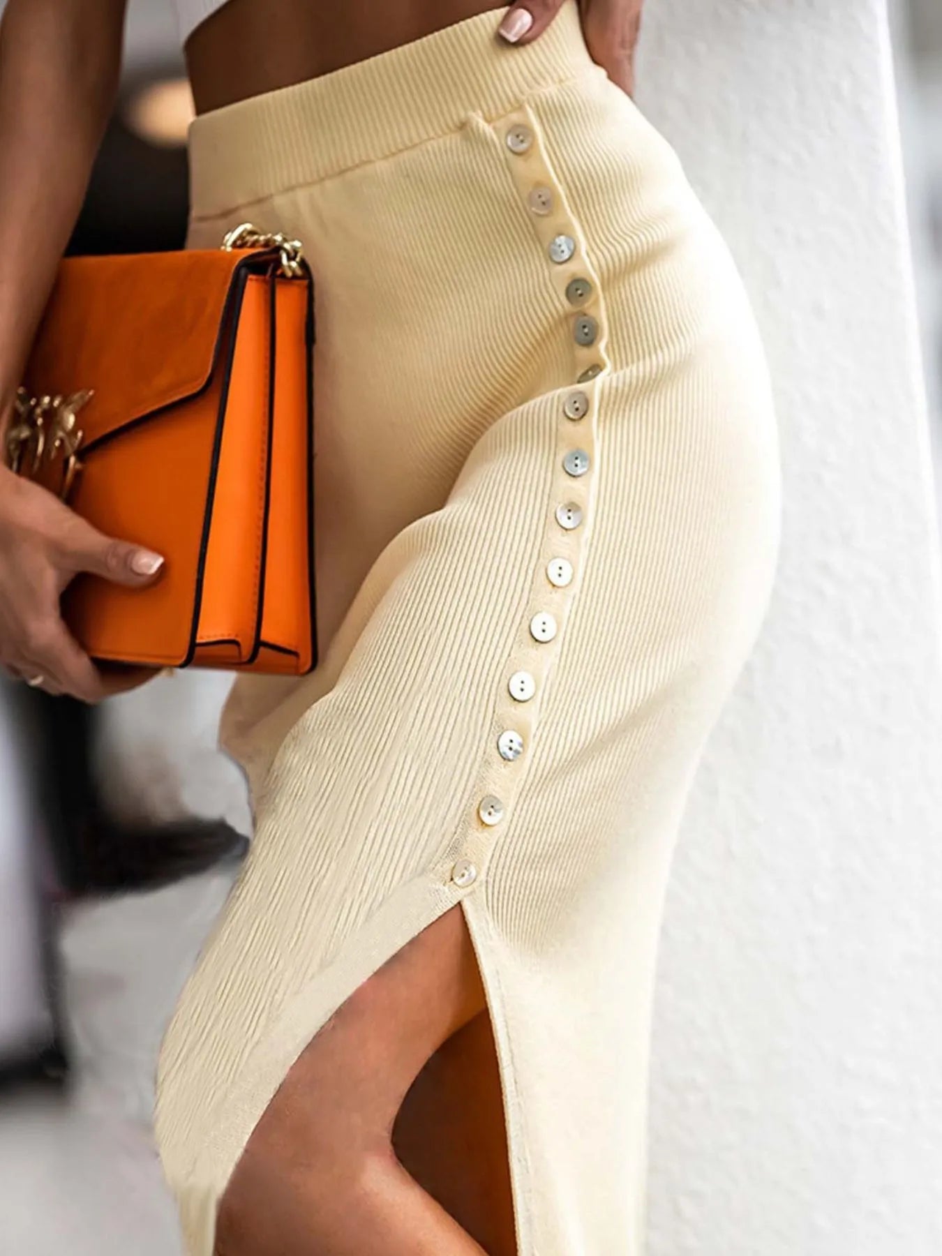 Women's Stylish Coastal Ribbed Slit Elastic Waist Skirt