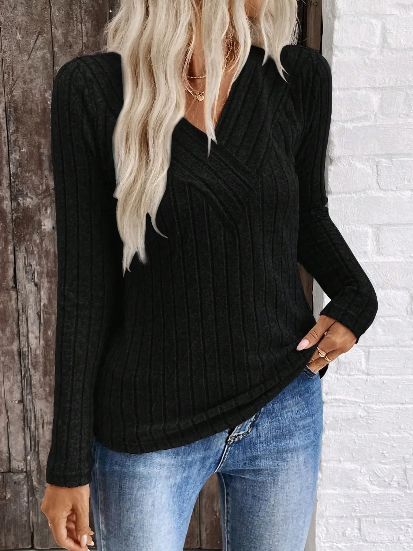 Ribbed V-Neck Long Sleeve Knit T-Shirt - Southern Shores Clothing