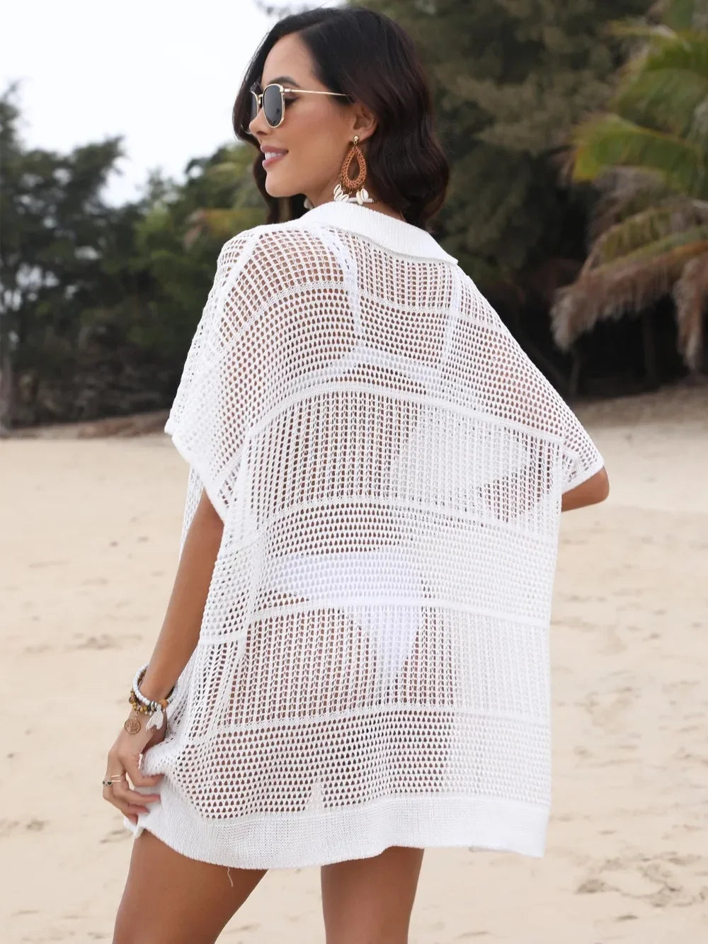One Size Sheer Hollow Out Collared Neck Cover Up - Southern Shores Clothing