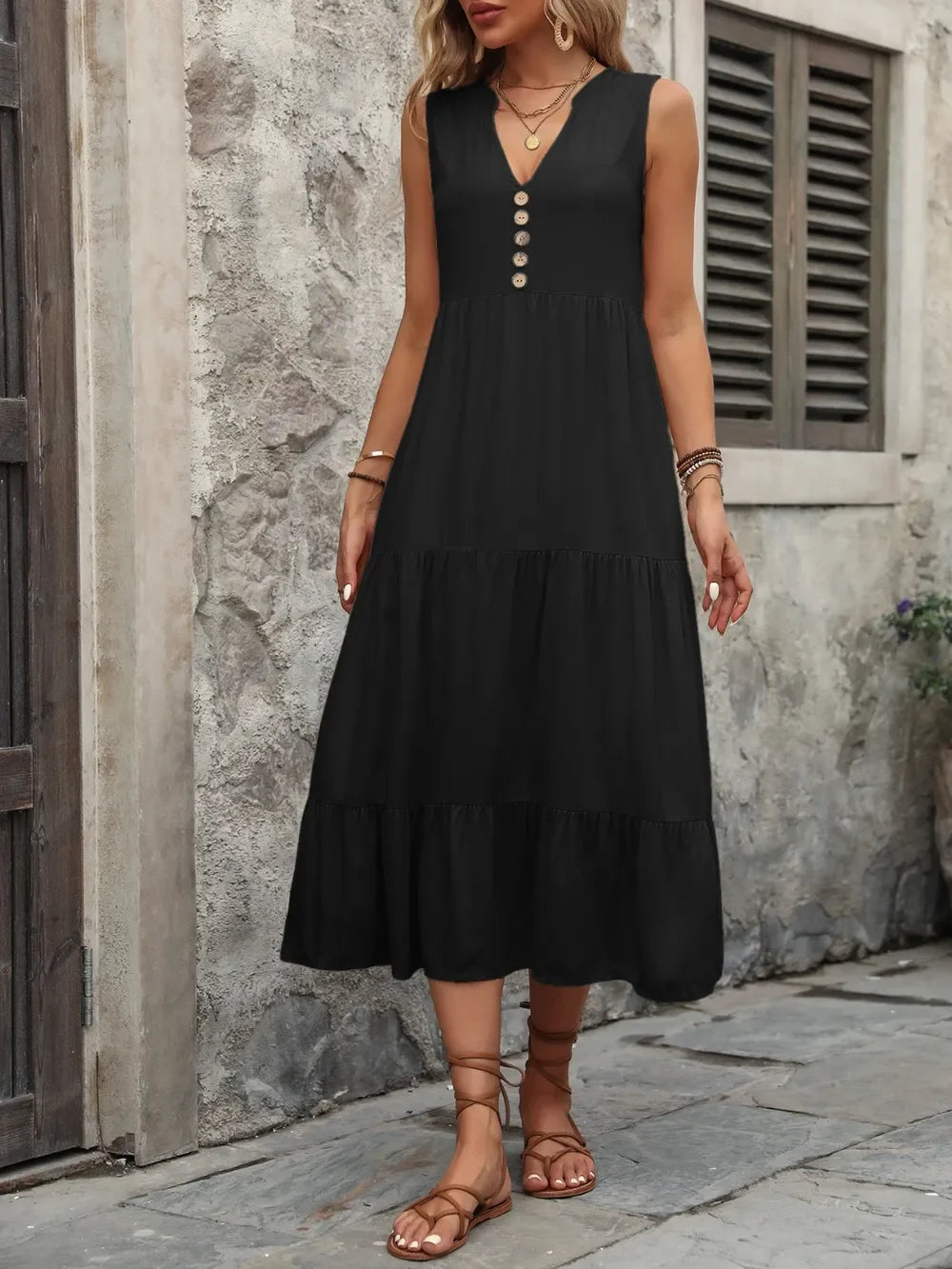 Notched Sleeveless Maxi Dress With Buttons - Southern Shores Clothing