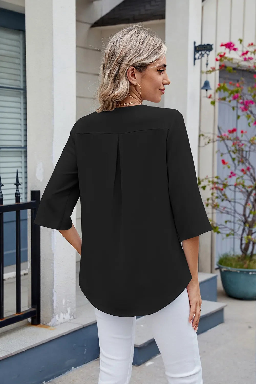 Ruffled Polyester V-Neck Blouse With Three-Quarter Sleeve - Southern Shores Clothing
