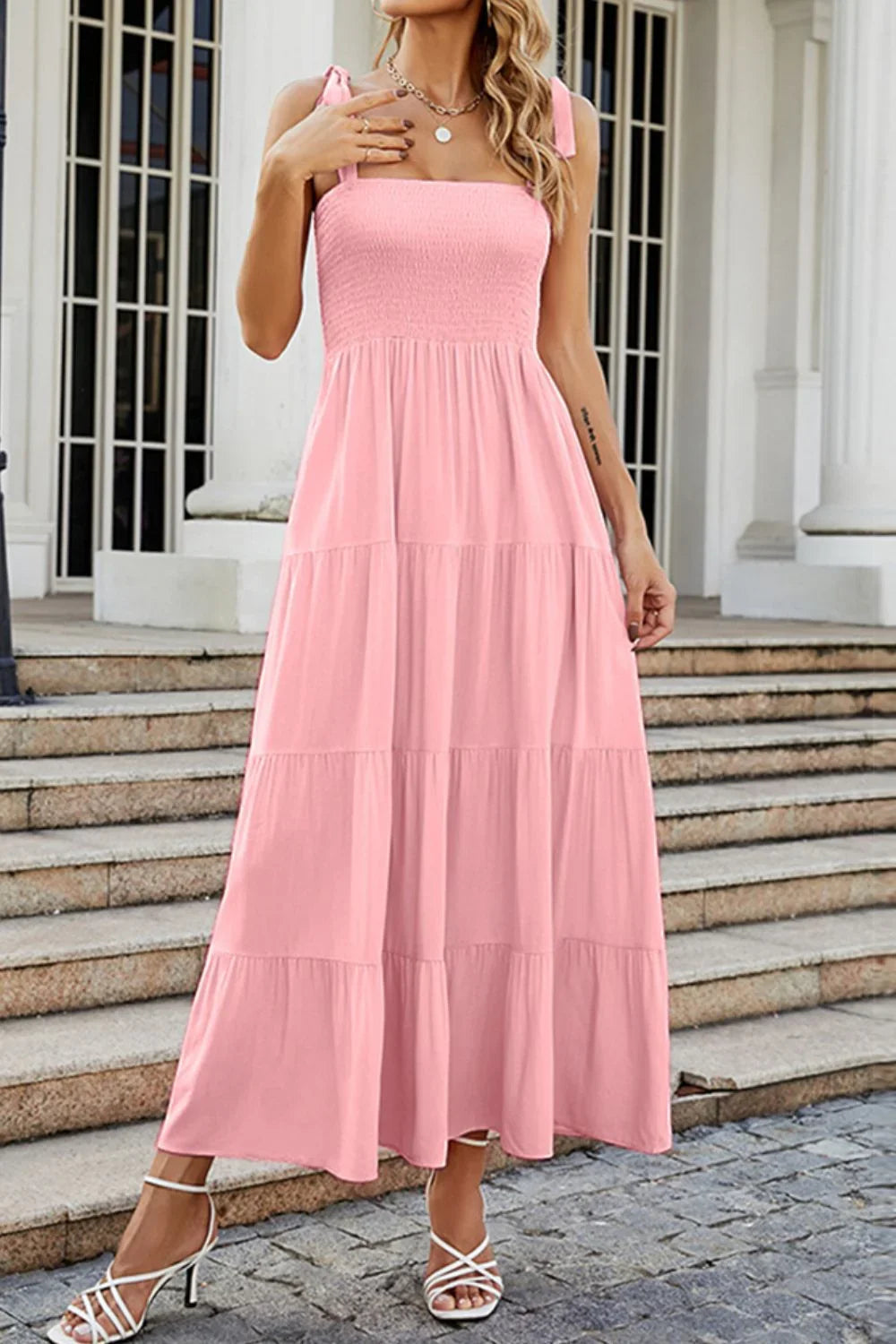 Tie Shoulder Smocked Tiered Maxi Dress Casual - Southern Shores Clothing