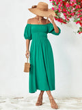 Off-Shoulder Balloon Sleeve Midi Dress Casual - Southern Shores Clothing