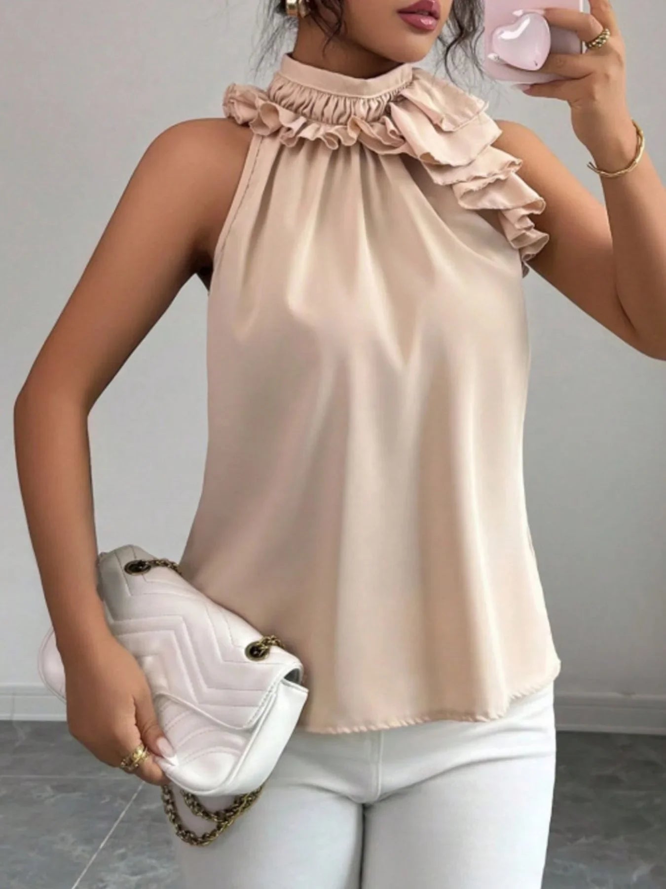 Ruffled High Neck Sleeveless Top With Draped Silhouette Detail - Southern Shores Clothing