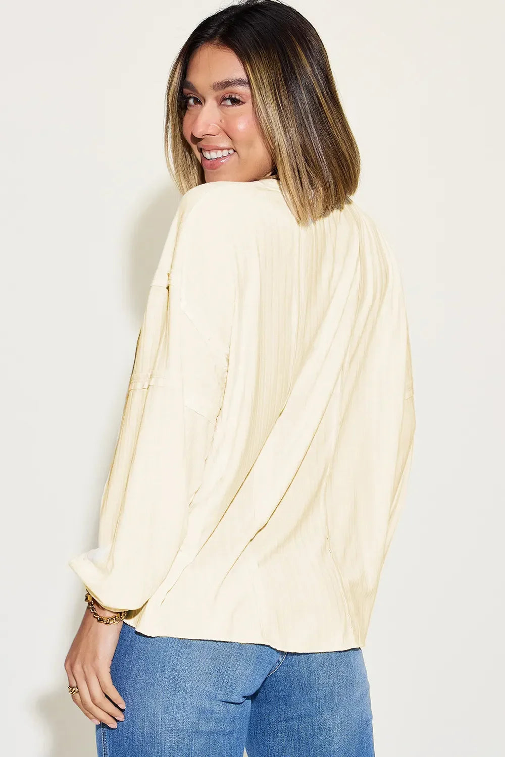 Ribbed Round Neck Long Sleeve T Shirt Basics - Southern Shores Clothing