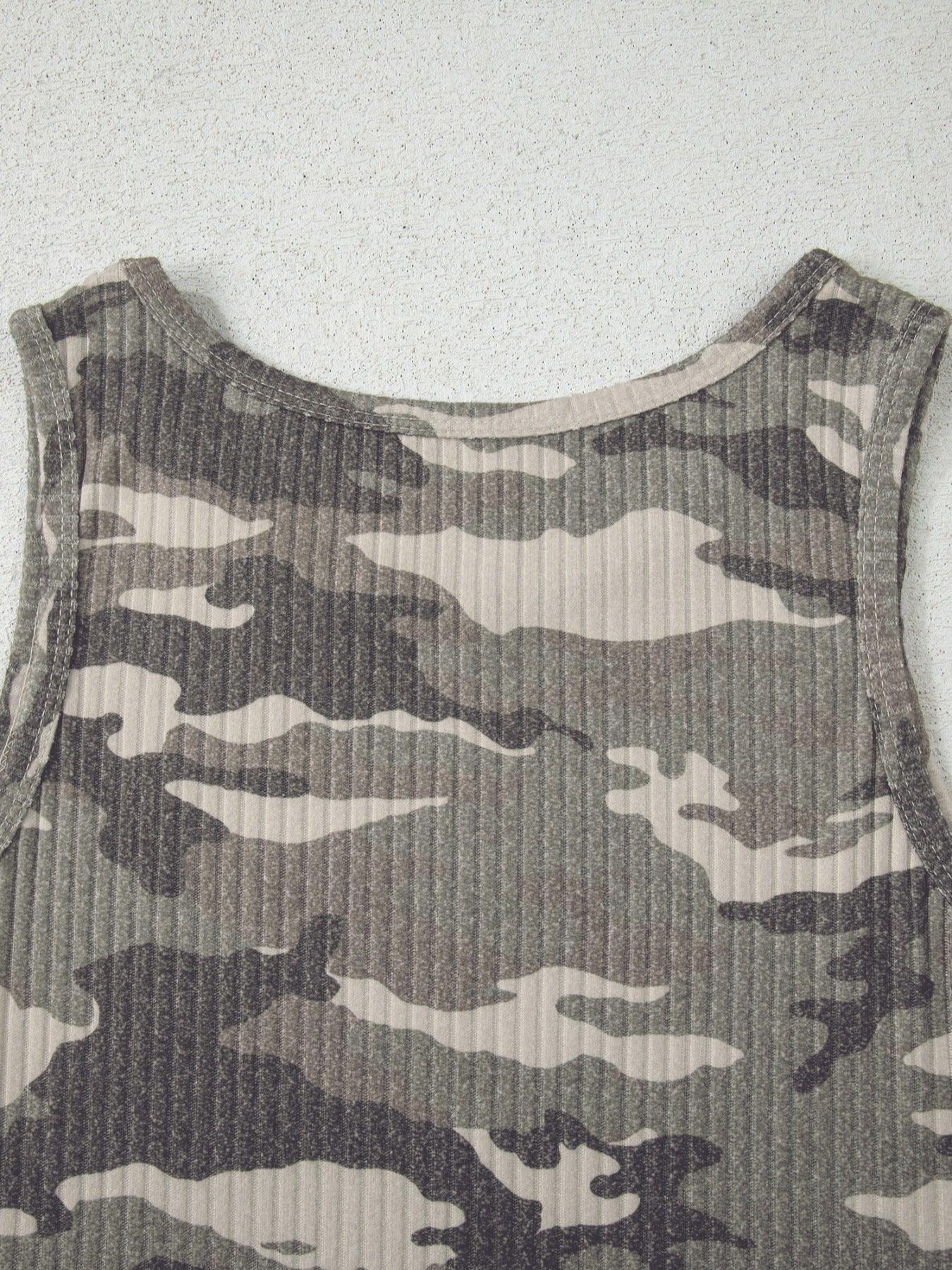 Camouflage Print Ribbed Knit Tank Top Round Neck Sleeveless - Southern Shores Clothing