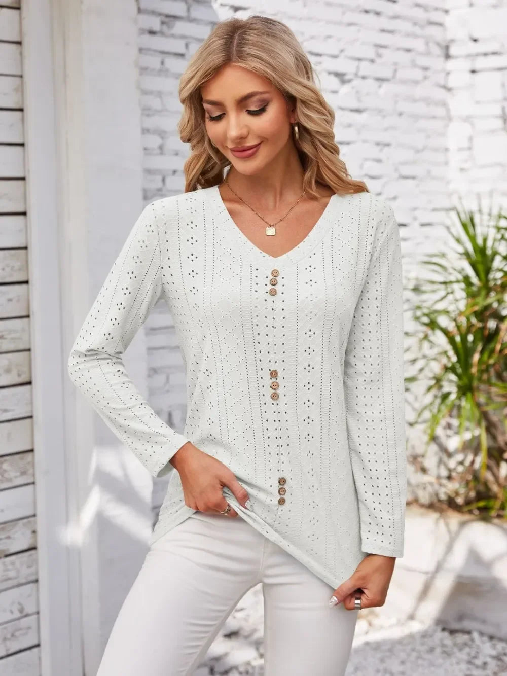 V Neck Openwork T Shirt With Decorative Buttons - Southern Shores Clothing