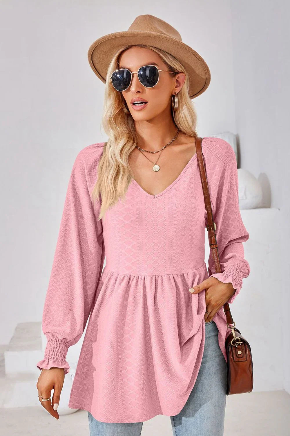 V-Neck Lantern Sleeve Blouse With Regular Length Casual Fit - Southern Shores Clothing