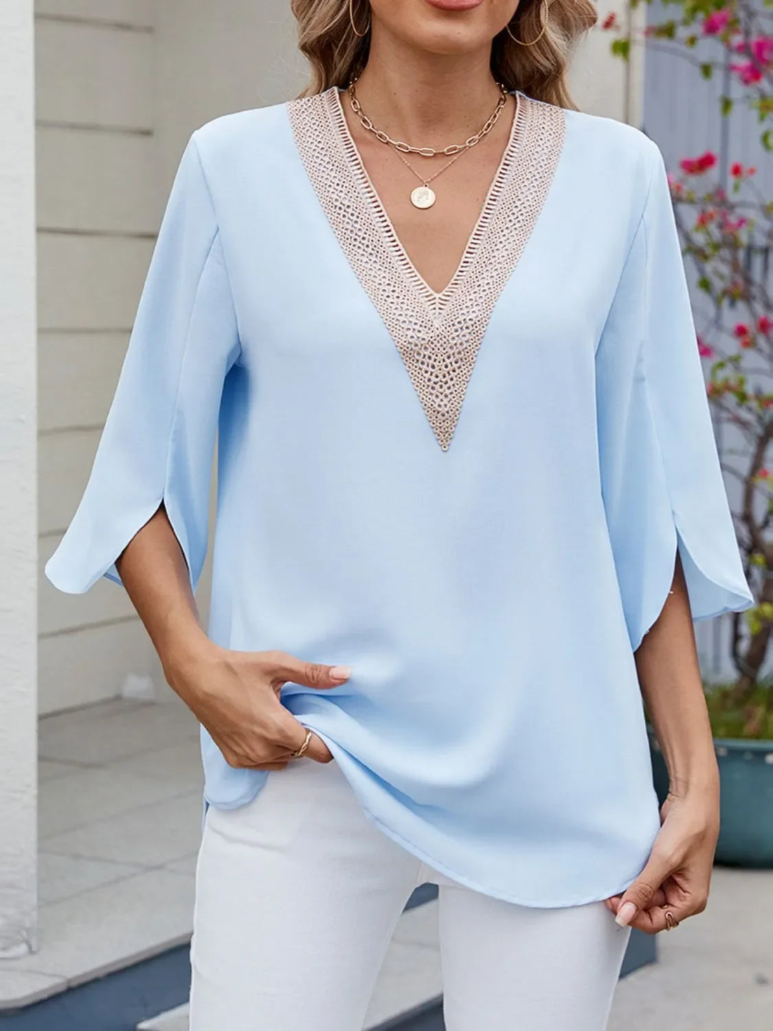 V-Neck Three Quarter Sleeve Lace Blouse Rayon Blend Fabric - Southern Shores Clothing