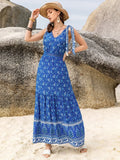 Printed V-Neck Tie Shoulder Maxi Dress With Floral Pattern - Southern Shores Clothing