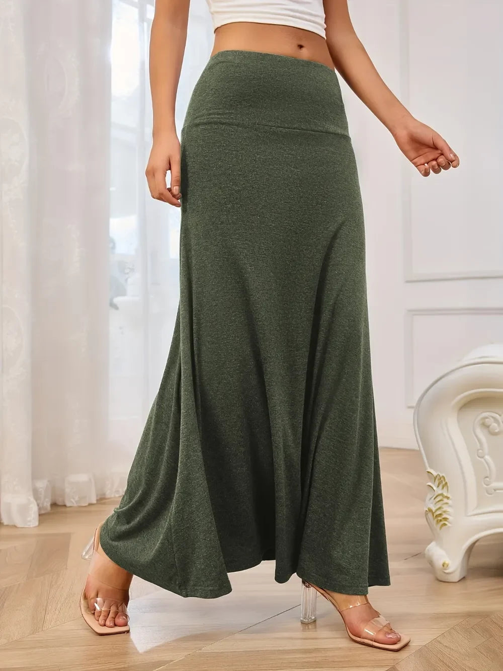 Elegant Solid Elastic Waist Flowy Maxi Skirt - Southern Shores Clothing