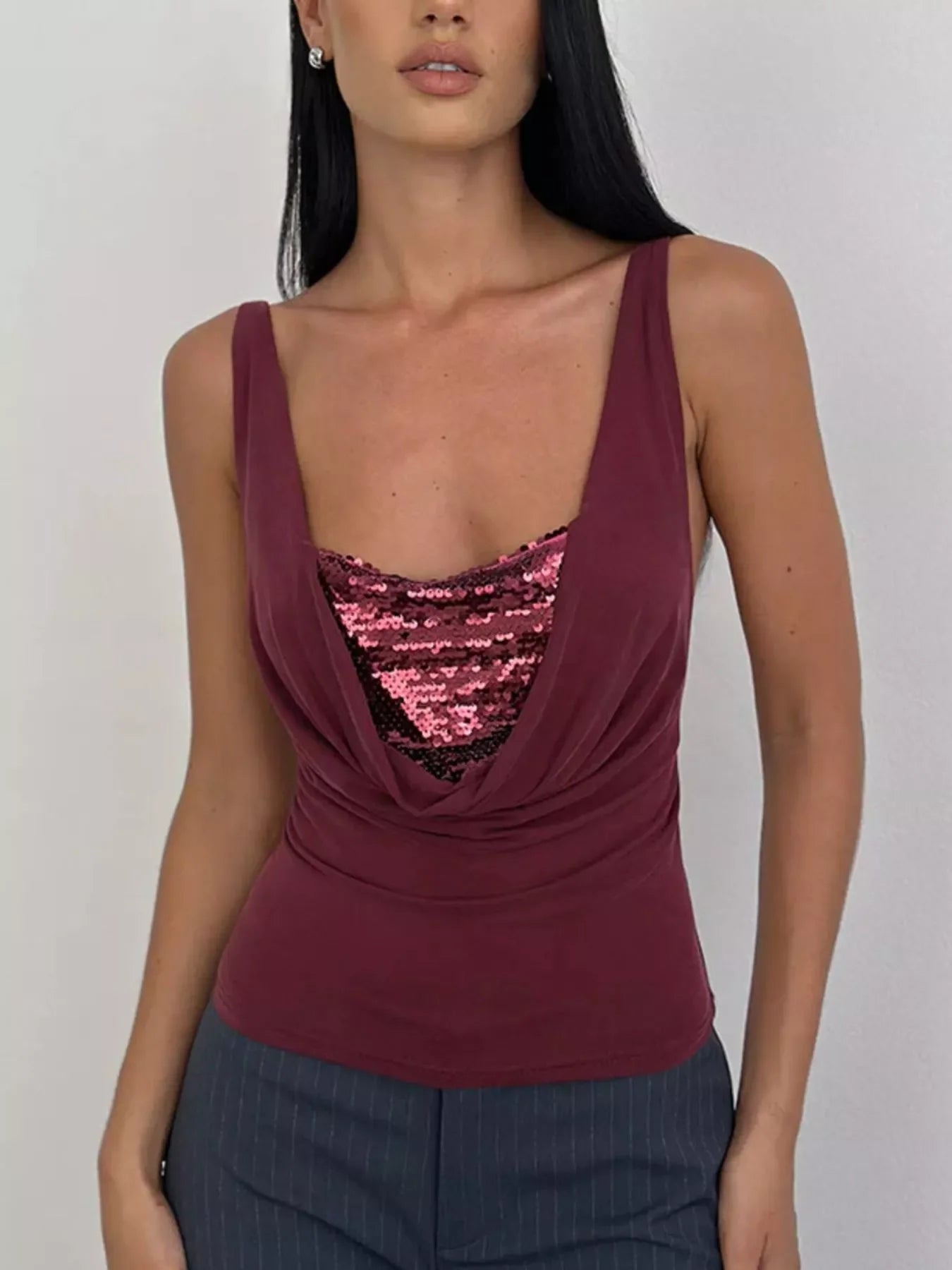 Sequin Detail Ruched Tank Top With Draped Front Stretchy Knit - Southern Shores Clothing