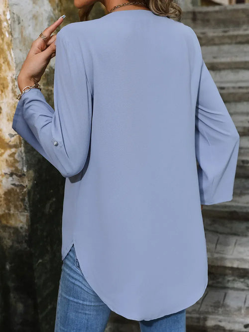 Notched Roll-Tab Sleeve Polyester Blouse - Southern Shores Clothing