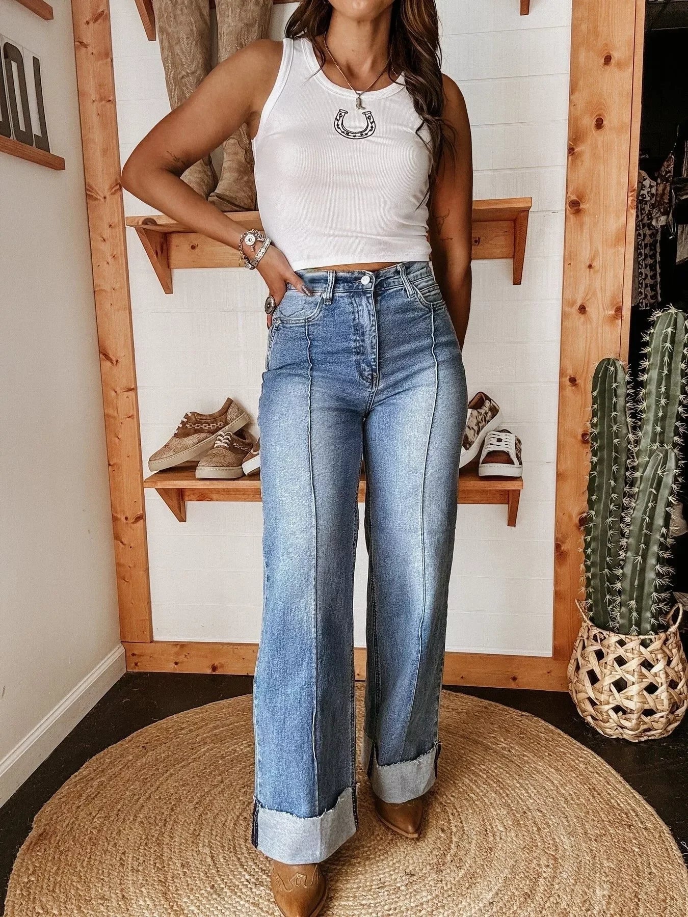 Coastal High Waisted Wide Leg Denim Jeans - Southern Shores Clothing
