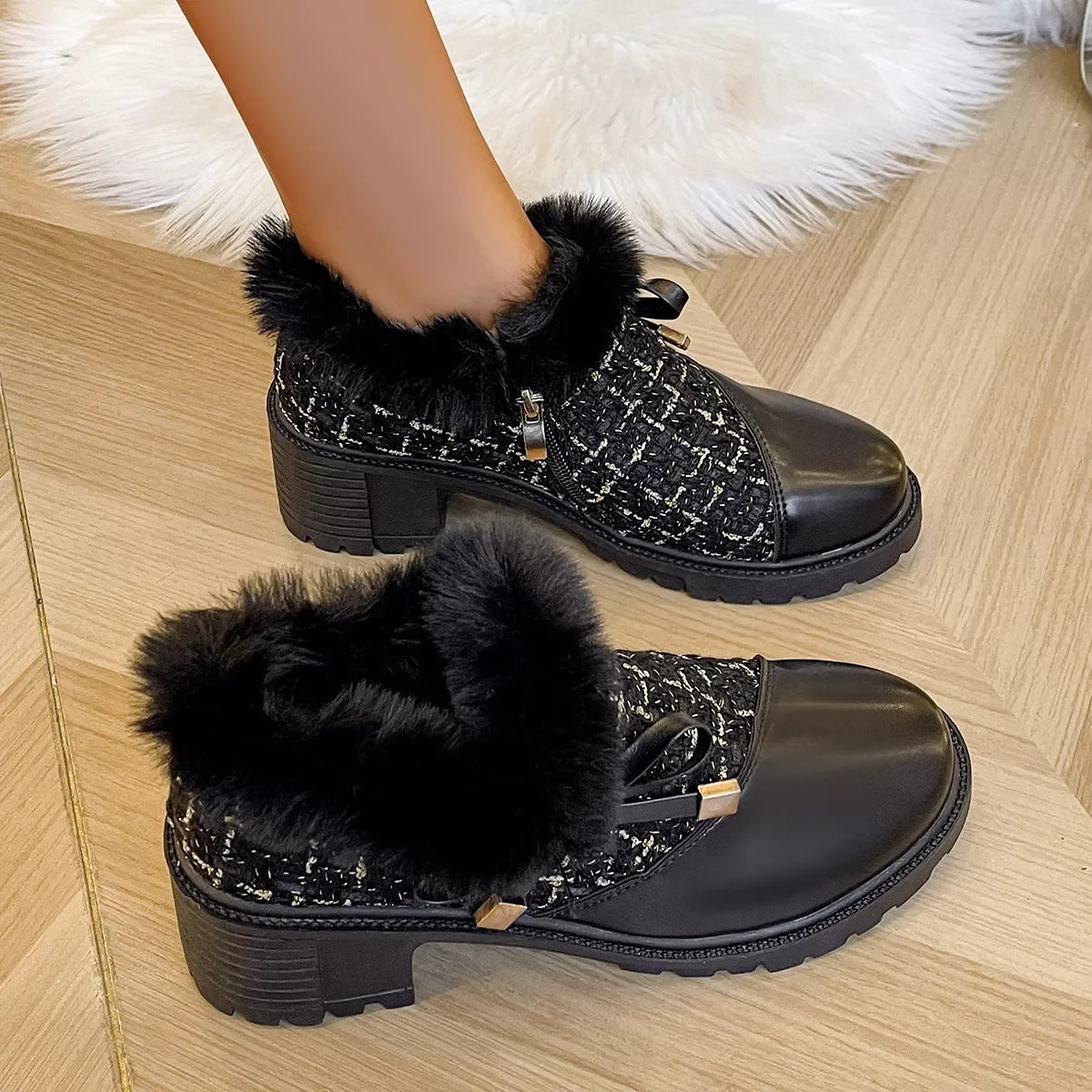 Round Toe Block Heel Boots Mid Heel Ankle Chic