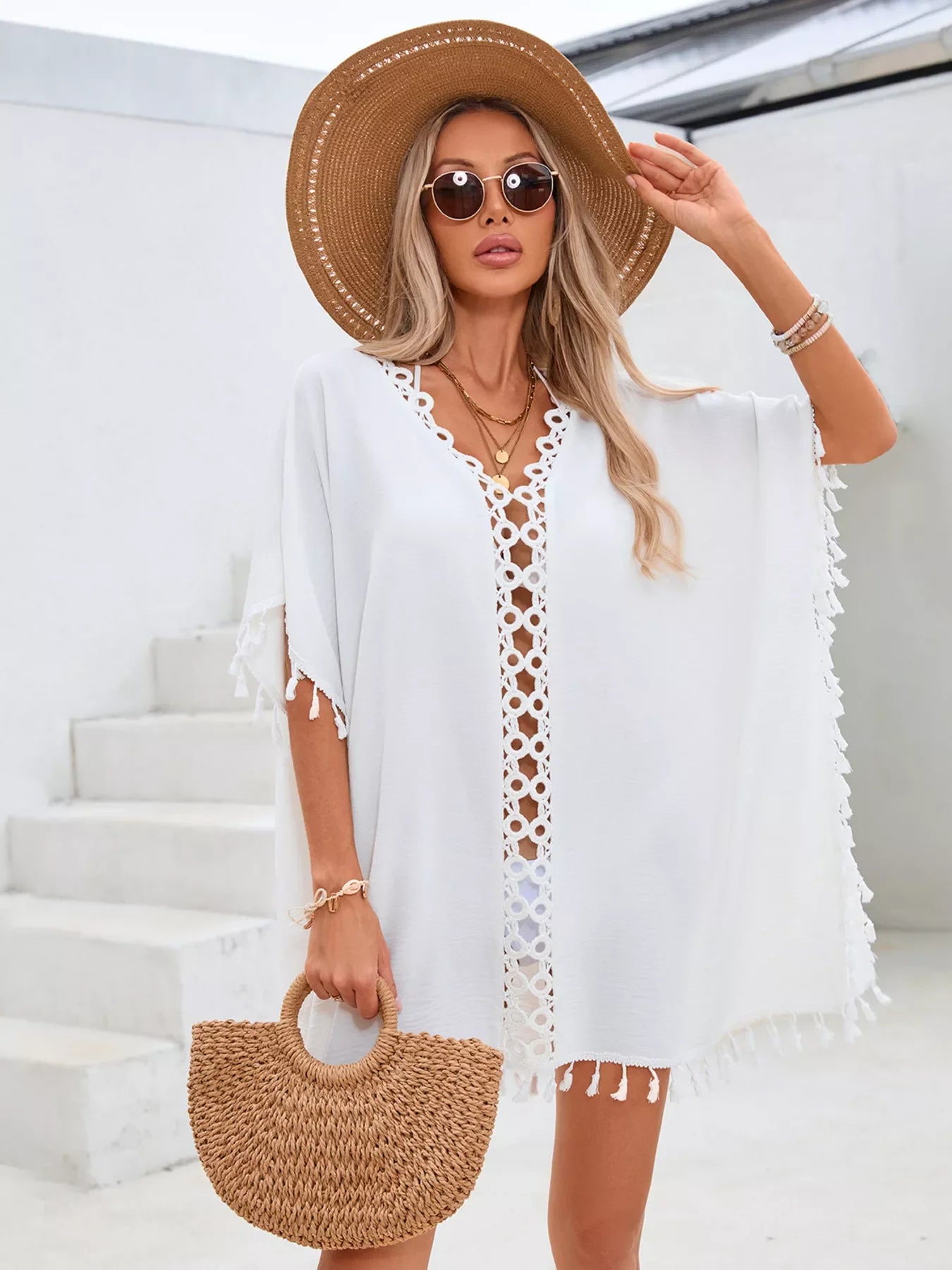 Crochet Trim Tassel Cover Up Dress With Lattice Front Detail - Southern Shores Clothing