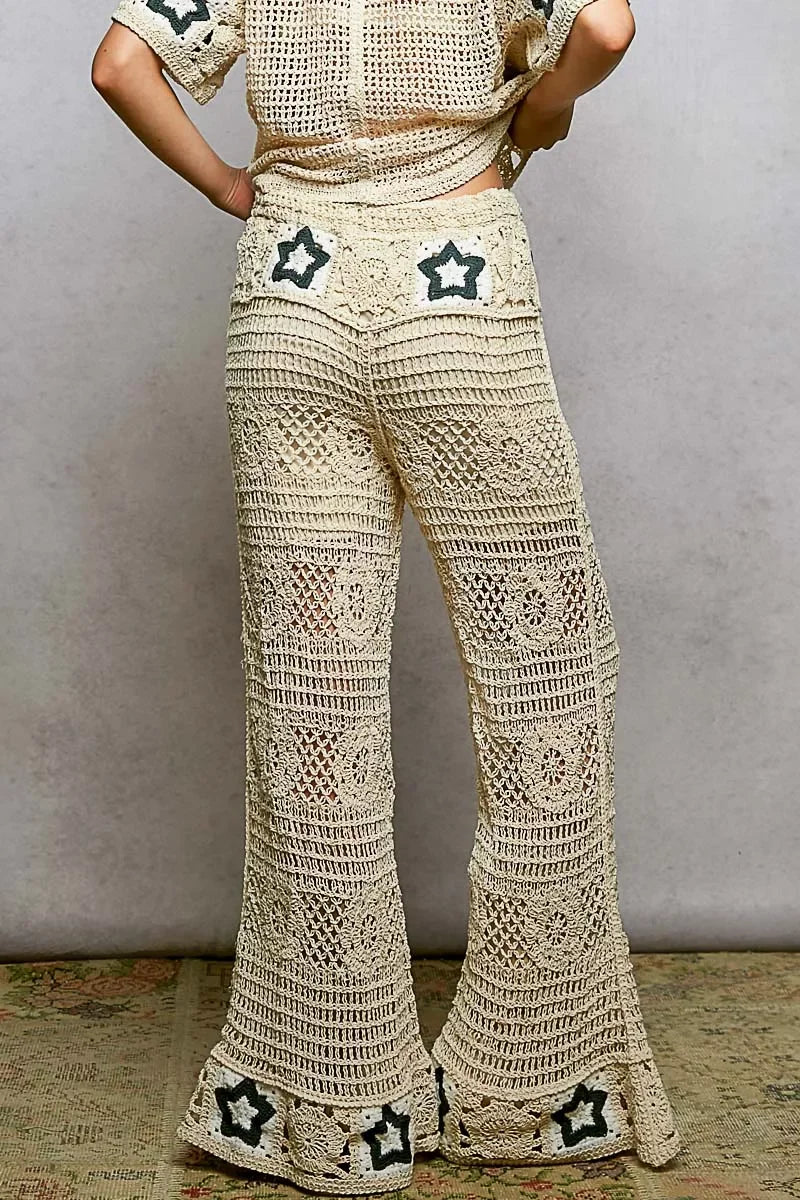 Openwork Crochet Flare Pants With Contrast Star - Southern Shores Clothing