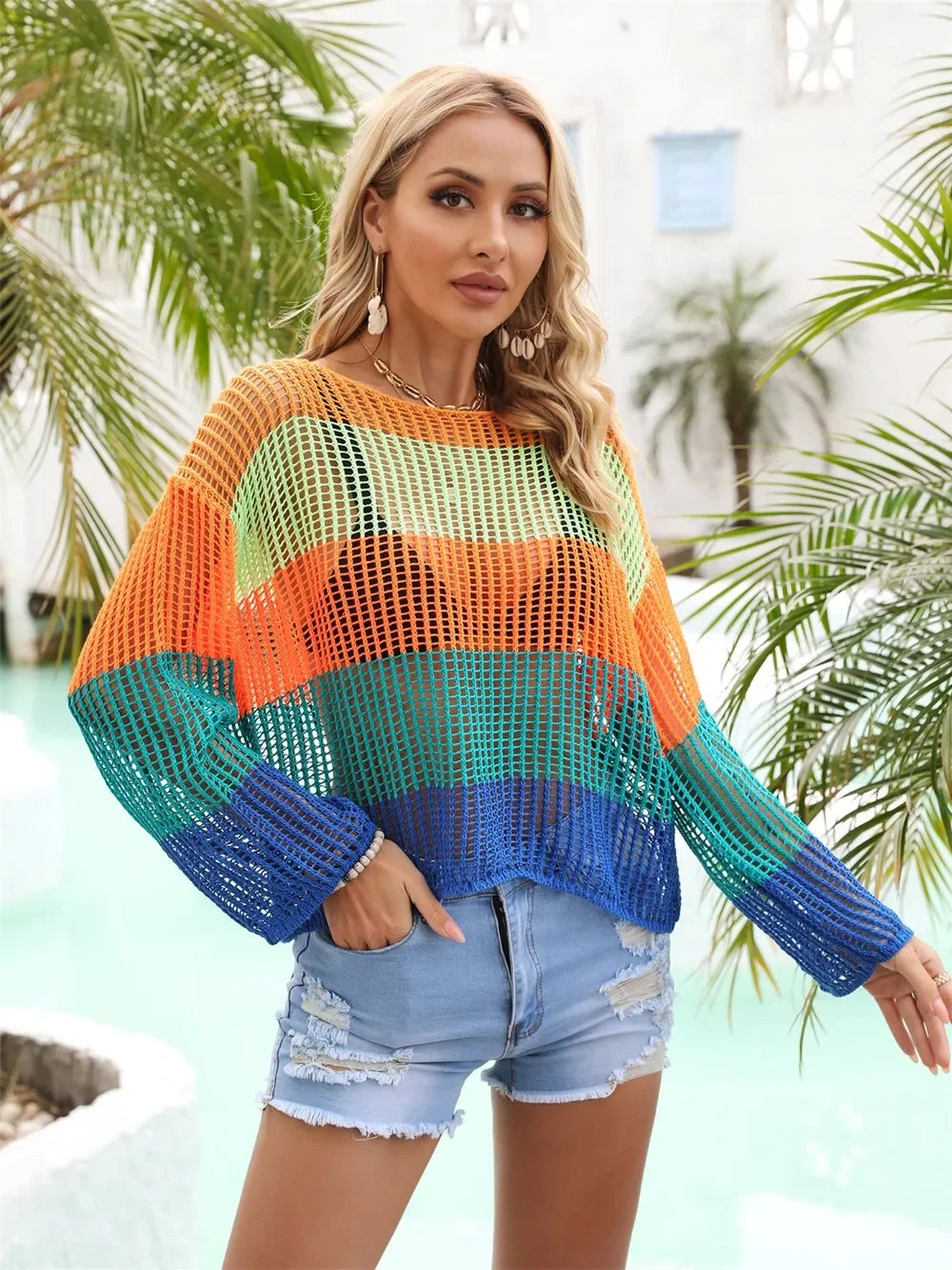 Angel Wings Block Openwork Boat Neck Cover Up - Southern Shores Clothing
