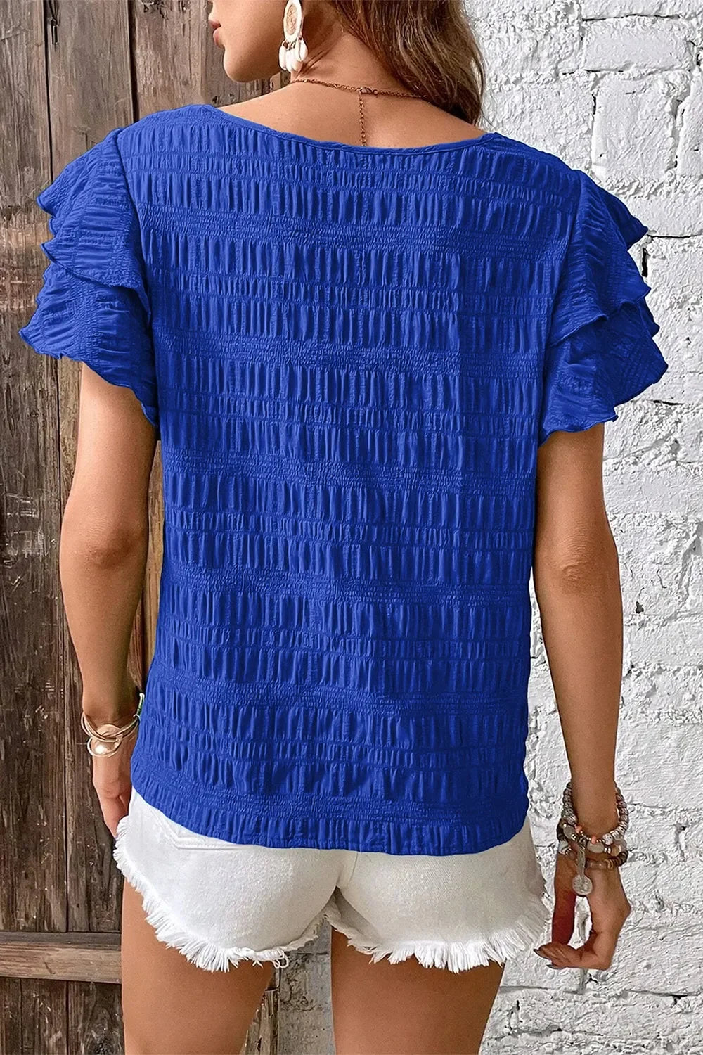 Round Neck Ruffle Sleeve Blouse For Casual Wear - Southern Shores Clothing