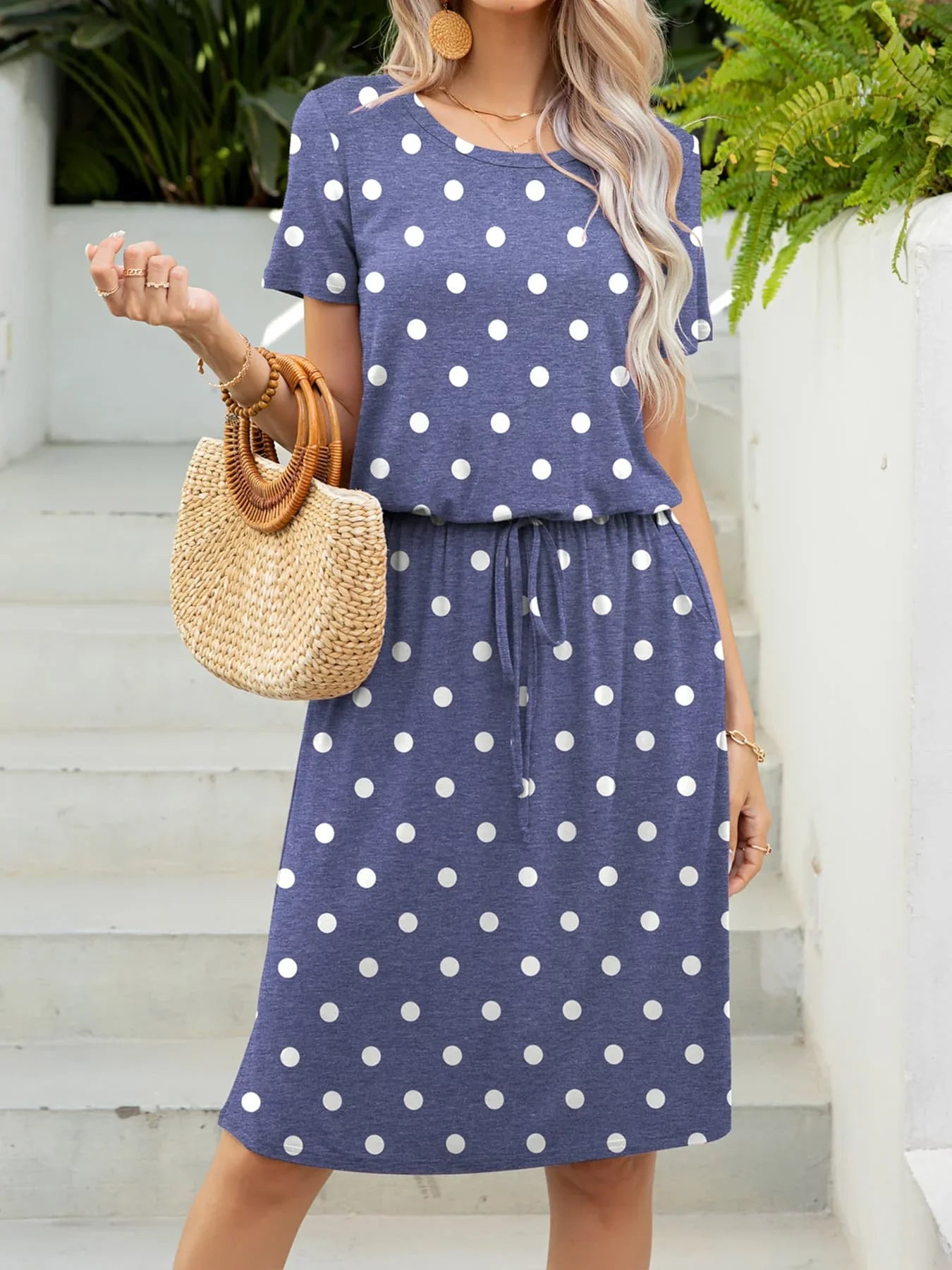 Round Neck Short Sleeve Slit Dress with Pockets - Southern Shores Clothing